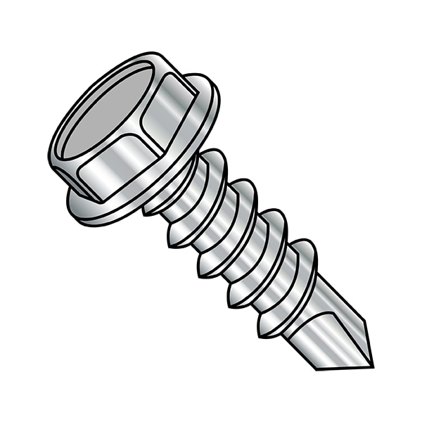 Self-Drilling Screw, 5/16"-12 x 2 in, Plain 410 Stainless Steel Flange Hex Head External Hex Drive