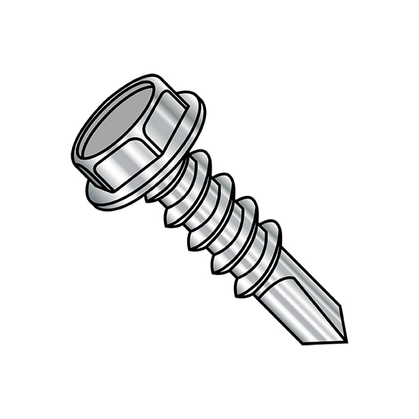 Self-Drilling Screw, #12-14 x 1-1/2 in, Plain Stainless Steel Flange Hex Head External Hex Drive