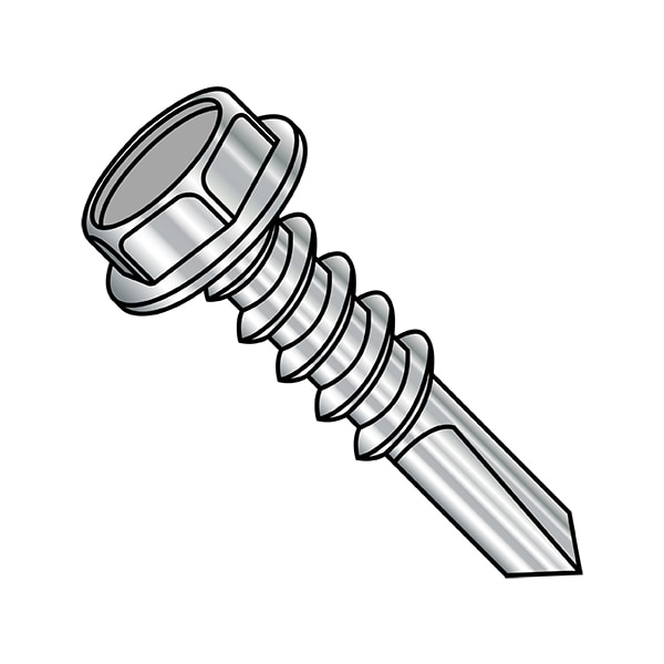 Self-Drilling Screw, 1/4"-14 x 2-1/2 in, Plain Stainless Steel Flange Hex Head External Hex Drive