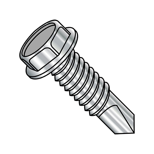 Self-Drilling Screw, #12-24 x 2 in, Plain Stainless Steel Flange Hex Head External Hex Drive