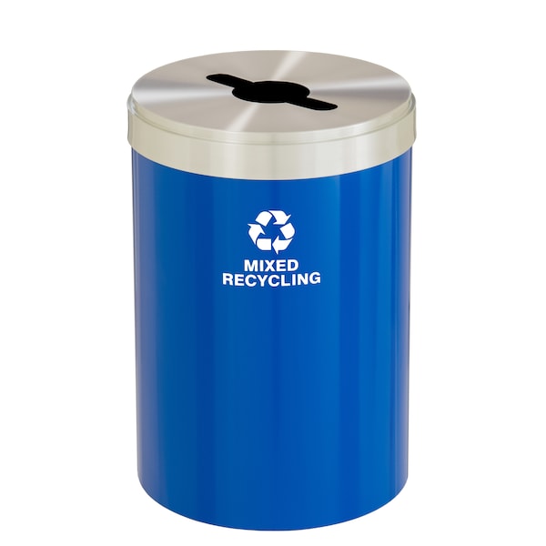 33 gal Round Recycling Bin, Blue/Satin Aluminum