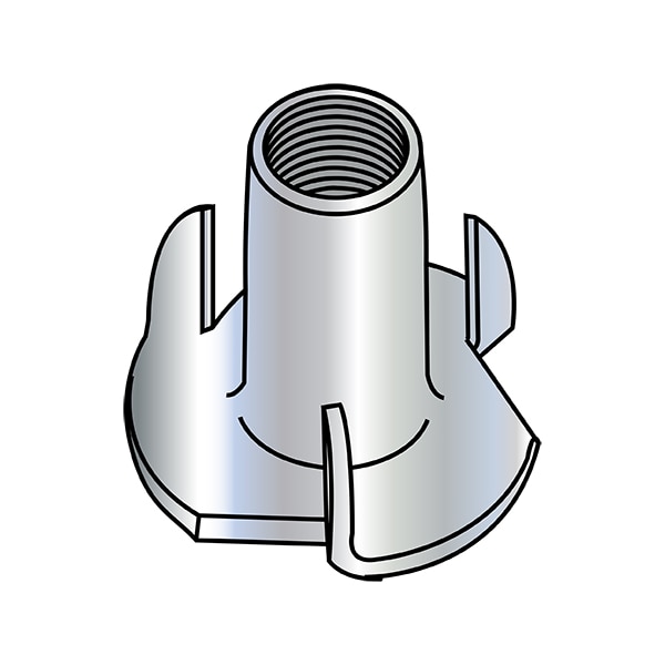T-Nut, 3 Prongs, 1/4"-20, Steel, Zinc Plated, 0.305 in Barrel Dia, 1/4 in Barrel Ht, 2000 PK