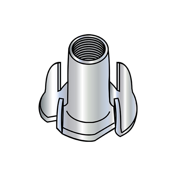 T-Nut, 4 Prongs, 1/4"-20, Steel, Zinc Plated, 0.305 in Barrel Dia, 7/16 in Barrel Ht, 2000 PK