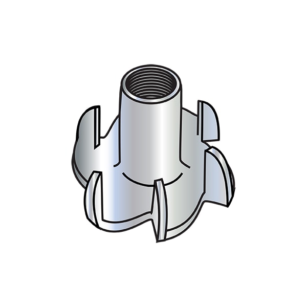 T-Nut, 6 Prongs, 1/4"-20, Steel, Zinc Plated, 0.305 in Barrel Dia, 1/4 in Barrel Ht, 2000 PK