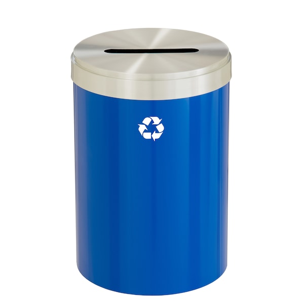 33 gal Round Recycling Bin, Blue/Satin Aluminum
