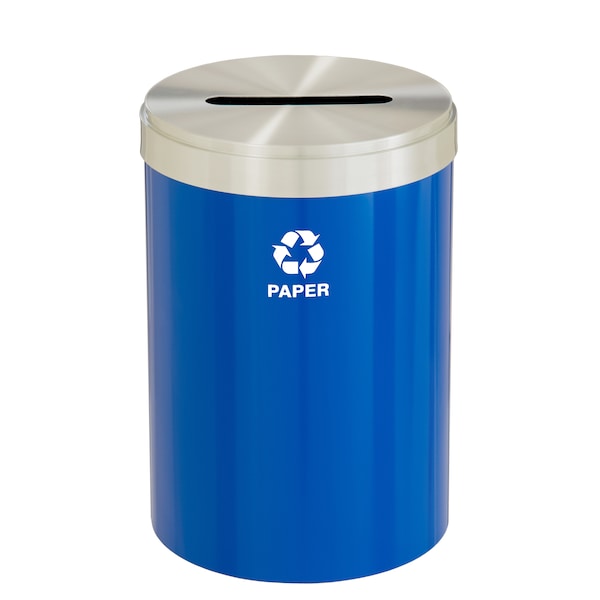 33 gal Round Recycling Bin, Blue/Satin Aluminum