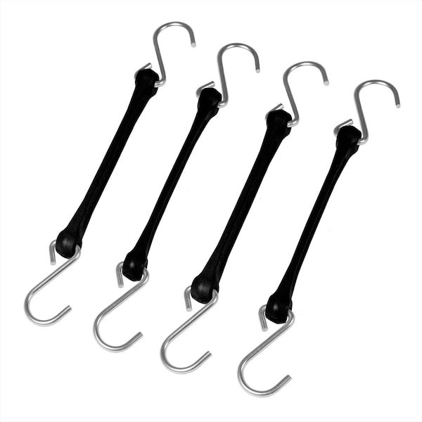 12" Heavy Duty Poly Strap with Steel Hooks, Tarp Strap, Black, 4-Count