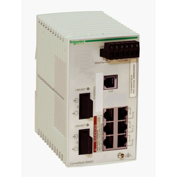 Network switch, Modicon Networking, basic managed, 6 ports for copper, 2 ports for fiber optic, multimode