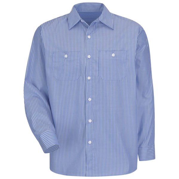 Long Sleeve Striped Work Shirt, 65% Polyester / 35% Cotton, Button Front, Blue/White, XL