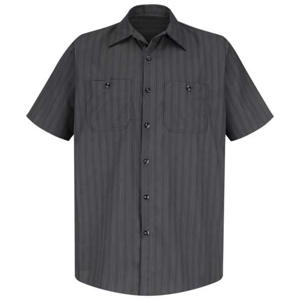 Short Sleeve Striped Work Shirt, 65% Polyester/35% Cotton, Button Fronts, Charcoal/Blue, XL