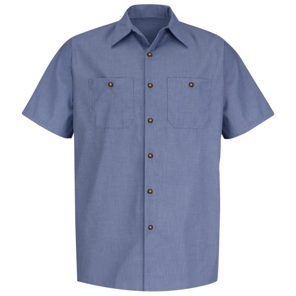 Short Sleeve Microcheck Work Shirt, 65% Polyester/35% Cotton, Button Fronts, Blue/Lt. Blue, S