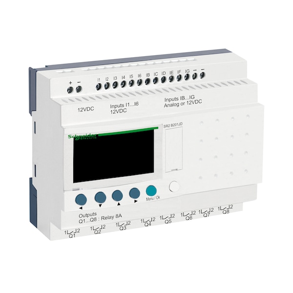 Compact smart relay, Zelio Logic SR2 SR3, 20 IO, 12V DC, clock, display