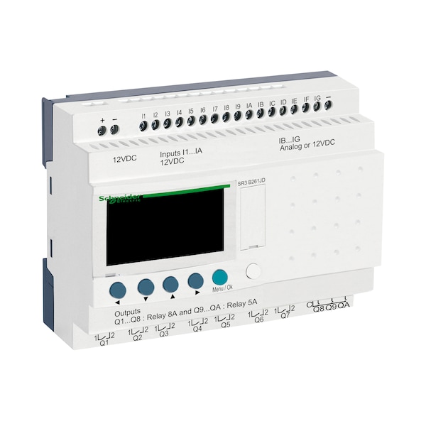 Modular smart relay, Zelio Logic SR2 SR3, 26 IO, 12V DC, clock, display