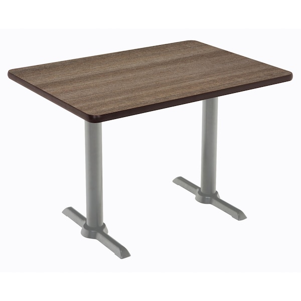 Rectangle KFI Mode 30" x 48" Conference Table, Studio Teak Finish, Silver T-leg Base, Bistro Height