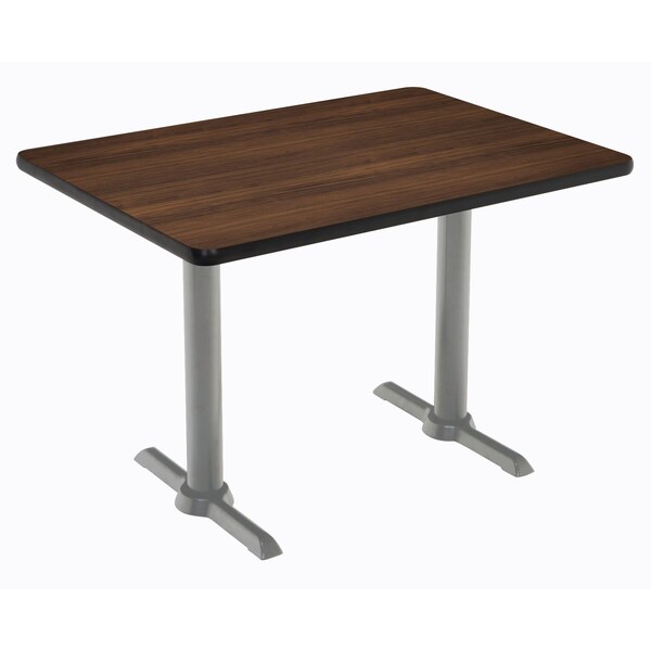 Rectangle KFI Mode 30" x 48" Conference Table, Walnut Finish, Silver T-leg Base, Bistro Height