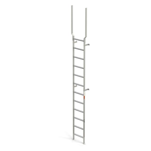 Vertical Ladder, 12 Rungs, Handrail Extensions, 15'3" Overall Height, 16"W Steps, Stainless Steel