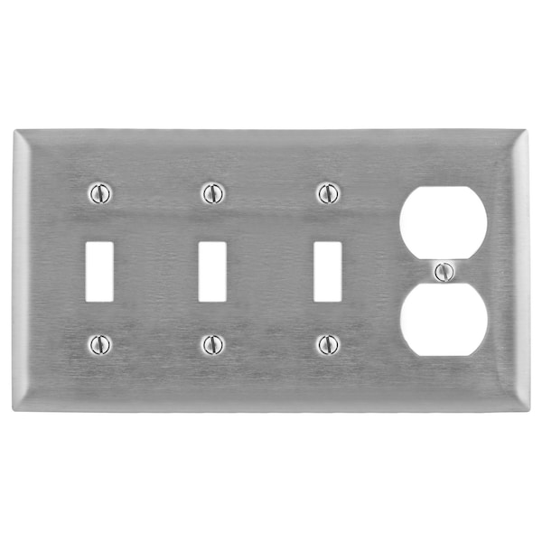 Wall Plates and Box Cover, Number of Gangs: 4 Stainless Steel, Brushed Finish