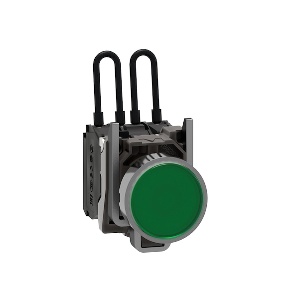 Push-to-test pilot light, Harmony XB4, metal, green, universal LED, screw clamp terminals, 110.120V