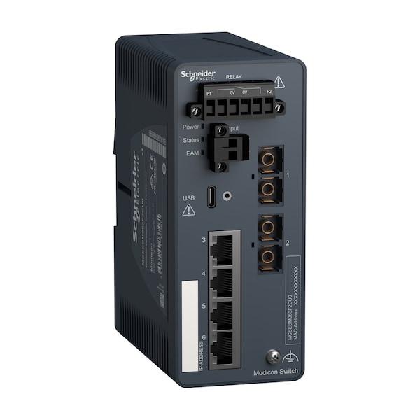 Network switch, Modicon Networking, managed, 4 ports for copper with 2 port for fiber optic, multimode