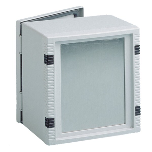 Aesthetic die-cast bezel frame accepts front plate or plates with HMI cutout. Includes gasket and mounting hardware. Furnished frame caps conceal mounting screws. Bezel has RAL 7035 light-gray textured polyester powder paint finish.