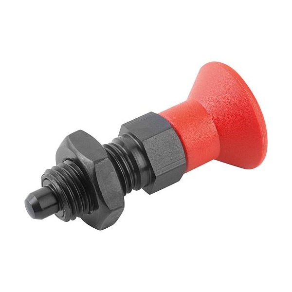 Indexing Plunger Red D1= M24X2, D=16, Style B, Non-Lockout w Locknut, Steel Hardened, Knob Plastic