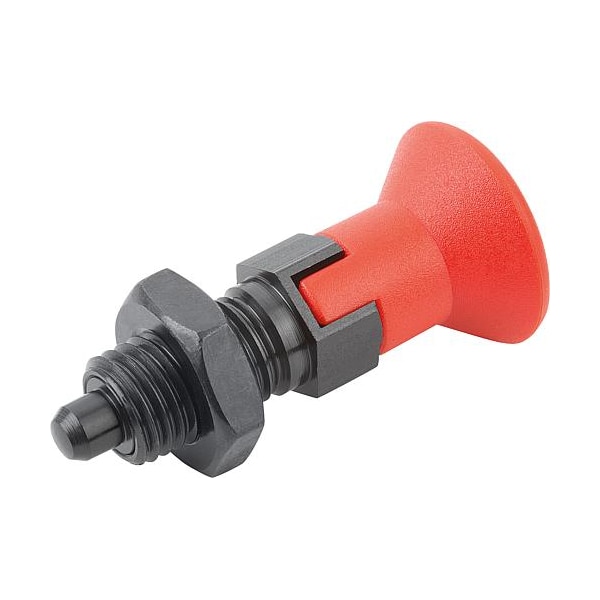 Indexing Plunger Red D1= M24X2, D=16, Style D, Lockout Type w Locknut, Steel Hardened, Knob Plastic