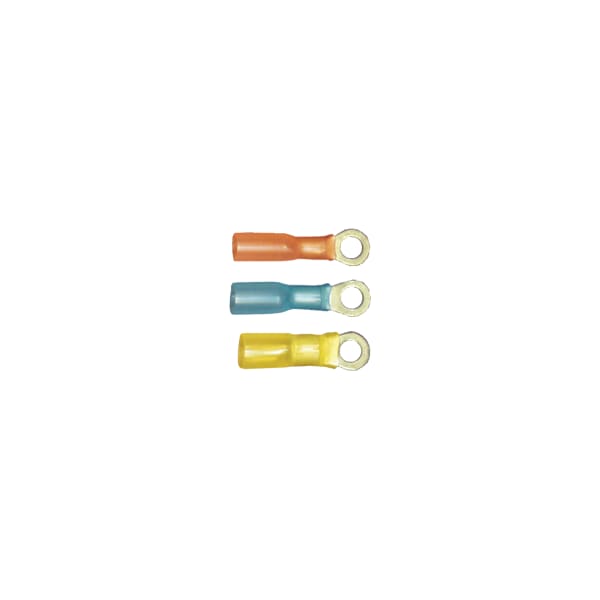 Ring Terminal, 3/8 in Stud Size, 14 AWG, 600 V, Heat Shrink Insulated, Blue, 100 PK