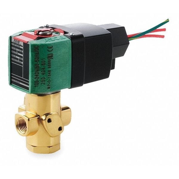 Solenoid Valve, 3-Way, 2-Position, Configurable, 1/4 in Pipe Size, 100/240V AC, Direct Mount, Brass