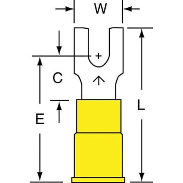 Fork Terminal, #6 Stud Size, 10 AWG, 600 V, Vinyl Insulated, Yellow, Crimp Termination Only, 500 PK