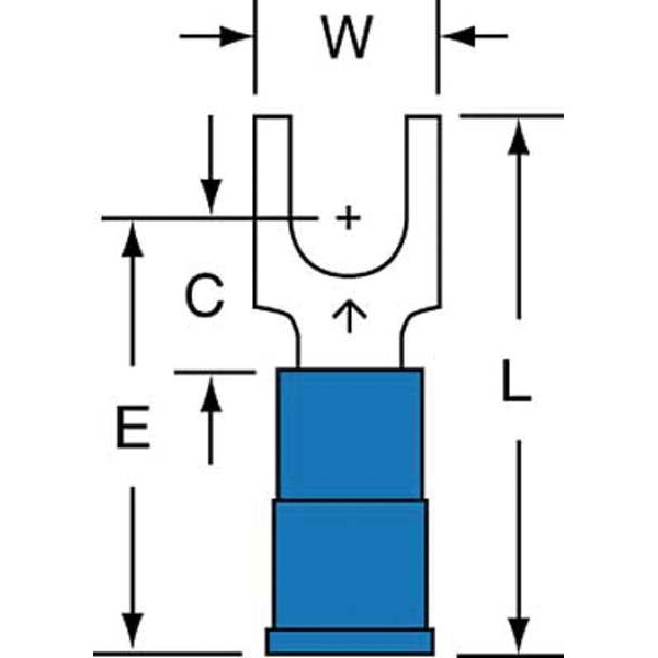 Fork Terminal, #10 Stud Size, 14 AWG, 600 V, Vinyl Insulated, Blue, Crimp Termination Only, 1000 PK