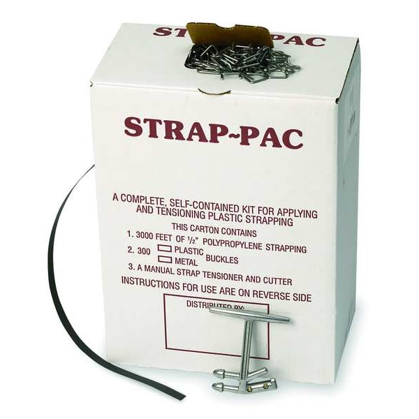 Plastic Strapping Kit, Fits 1/2 in Strap Wd, 0.018 in Thick, 300 Buckles