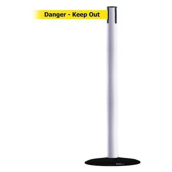Barrier Post with Belt, White, 7 1/2 ft Length, 38 in Post Height, Danger Keep Out
