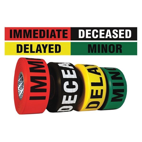 Flagging Tape, Deceased, Delayed, Immediate, Minor, Black, Green, Red, Yellow, 1 1/2 in Wide x