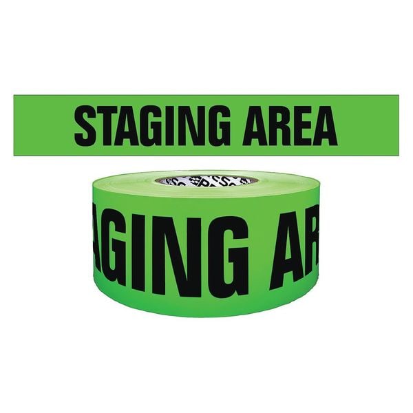 Barricade Tape, Staging Area, Fluorescent Green, 6 1/4 in Wide x 1,000 ft Length, Polyethylene