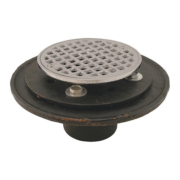 Round Shower Drain, Chrome, Cast Iron, 2", No-Hub