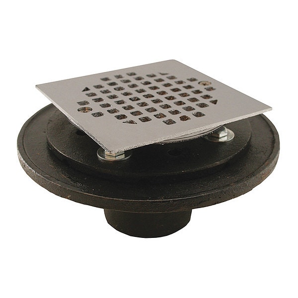 Square No Hub Drain, Chrome, Cast Iron, 2", No-Hub
