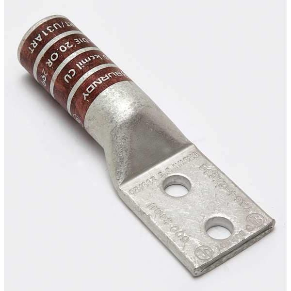 Two-Hole Compression Lug, 500 kcmil Max, 3/8 in Stud, Long Barrel, Copper, Brown