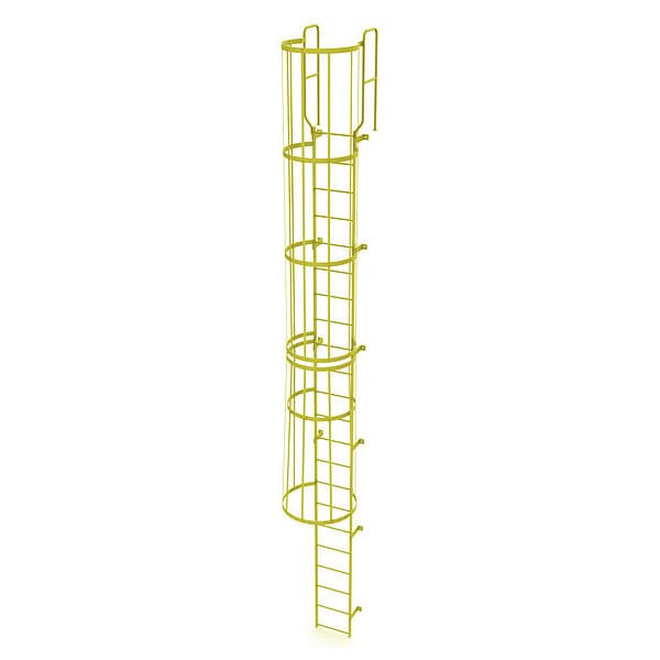 24 ft. 6" Overall H, Ladder, Steel, WalkThru Fixed Cage, 22-Rung, Steel, 22 Steps