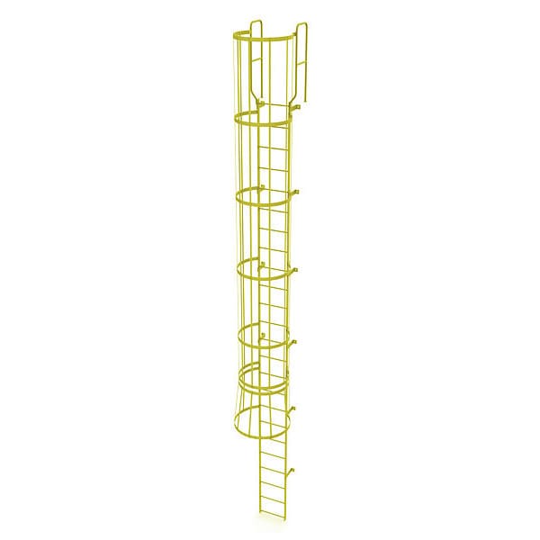 26 ft. 6" Overall H, Ladder, Steel, WalkThru Fixed Cage, 24-Rung, Steel, 24 Steps