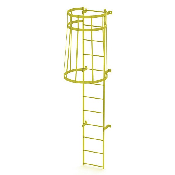 11 ft. Overall H, Ladder, Standard Fixed Cage, Steel, 12-Rung, Steel, 12 Steps, Safety Yellow Finish