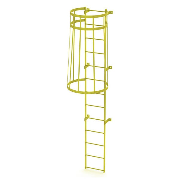 12 ft. Overall H, Ladder, Standard Fixed Cage, Steel, 13-Rung, Steel, 13 Steps, Safety Yellow Finish
