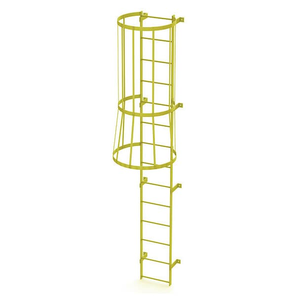 13 ft. Overall H, Ladder, Standard Fixed Cage, Steel, 14-Rung, Steel, 14 Steps, Safety Yellow Finish