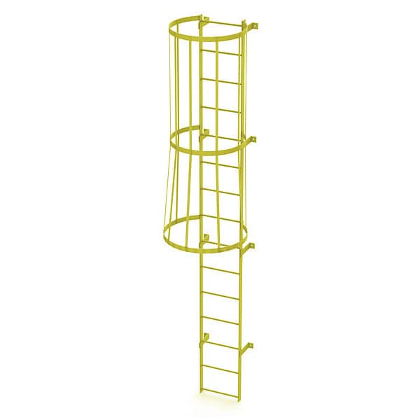 14 ft. Overall H, Ladder, Standard Fixed Cage, Steel, 15-Rung, Steel, 15 Steps, Safety Yellow Finish