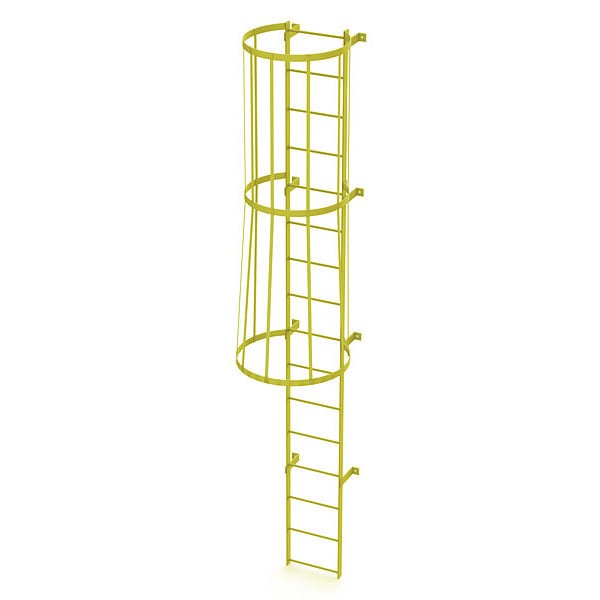 15 ft. Overall H, Ladder, Standard Fixed Cage, Steel, 16-Rung, Steel, 16 Steps, Safety Yellow Finish