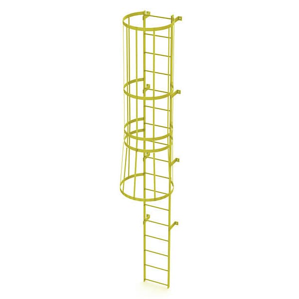 16 ft. Overall H, Ladder, Standard Fixed Cage, Steel, 17-Rung, Steel, 17 Steps, Safety Yellow Finish