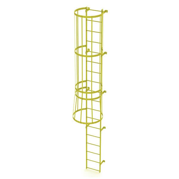 17 ft. Overall H, Ladder, Standard Fixed Cage, Steel, 18-Rung, Steel, 18 Steps, Safety Yellow Finish