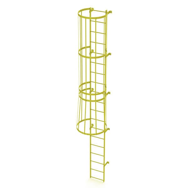 18 ft. Overall H, Ladder, Standard Fixed Cage, Steel, 19-Rung, Steel, 19 Steps, Safety Yellow Finish