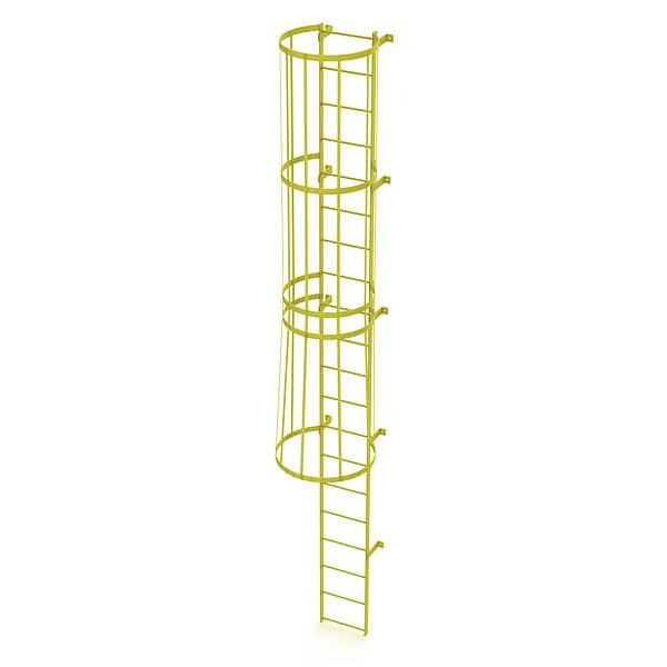 19 ft. Overall H, Ladder, Standard Fixed Cage, Steel, 20-Rung, Steel, 20 Steps, Safety Yellow Finish