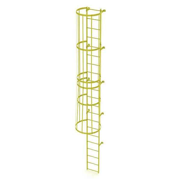 20 ft. Overall H, Ladder, Standard Fixed Cage, Steel, 21-Rung, Steel, 21 Steps, Safety Yellow Finish