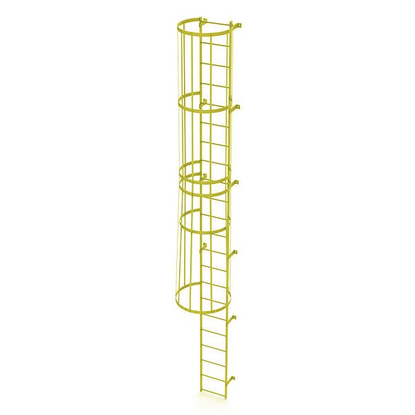 21 ft. Overall H, Ladder, Standard Fixed Cage, Steel, 22-Rung, Steel, 22 Steps, Safety Yellow Finish